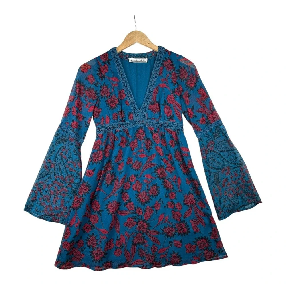 Abercrombie‎ & Fitch Floral Print Bohemian Style Mini Dress size XS Blue/Red